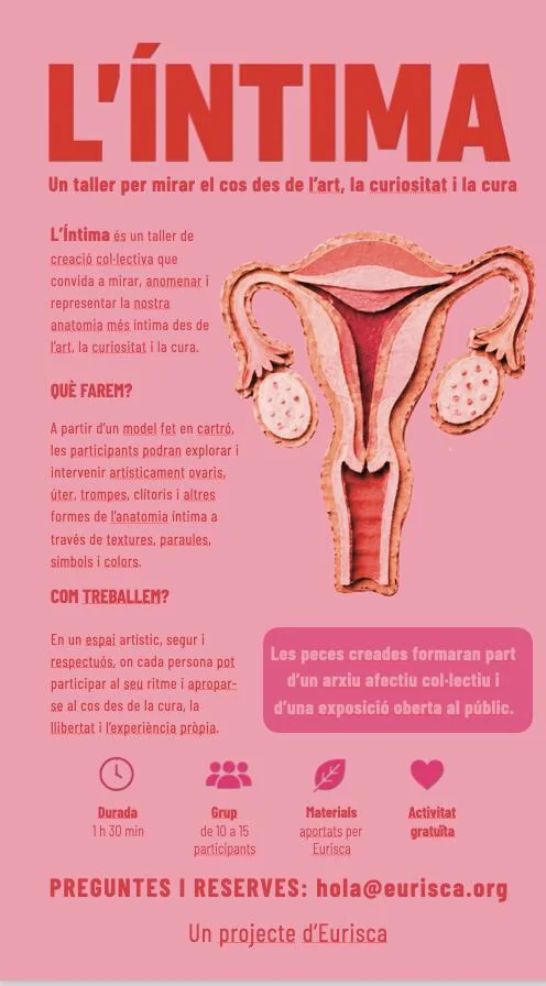 Cartel rosa del proyecto L’Íntima con una ilustración anatómica del útero y los ovarios.