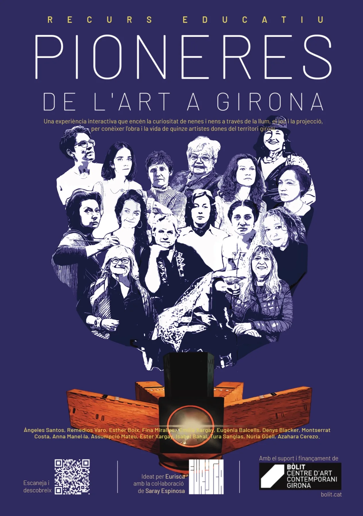 Composición gráfica con retratos de las quince artistas incluidas en Pioneres.